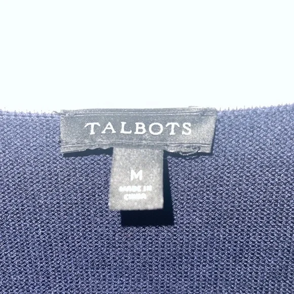 Talbots Medium Navy Blue V Neck White  Embroidered Long Sleeve Slit Blouse EUC - Picture 3 of 5